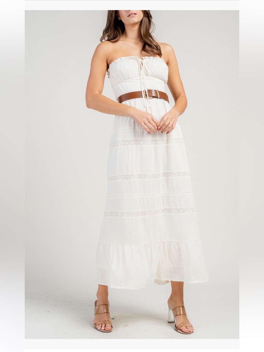 Beivy Strapless Long Crepe Dress white maxi midi belted with belt medium NWT